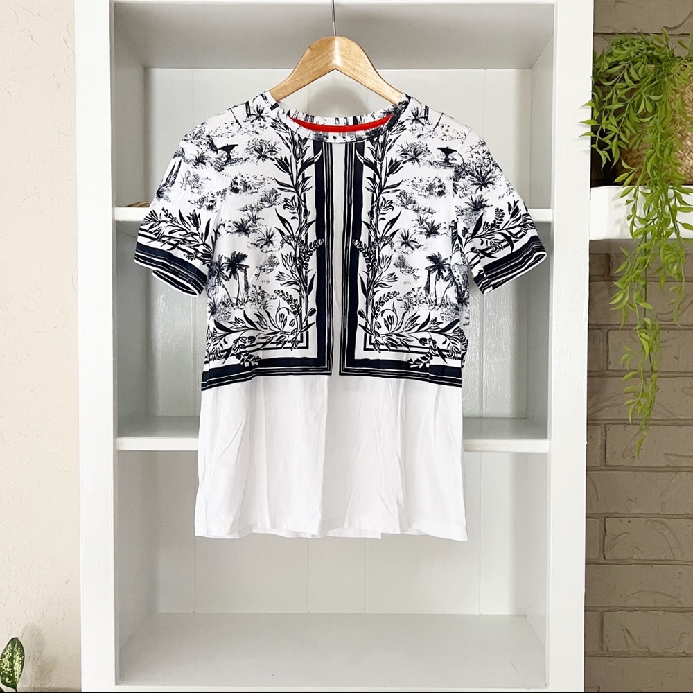 Tory Burch White & Navy Pima Cotton Short Sleeve Scoop Neck Plant Print Top - Picture 1 of 7
